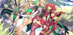  2girls bangs bare_shoulders blonde_hair blurry blurry_background breasts chest_jewel cleavage cleavage_cutout covered_navel day dress dutch_angle earrings fingerless_gloves gem gloves hair_ornament headpiece highres jewelry large_breasts legs long_hair looking_at_viewer multiple_girls mythra_(xenoblade) outdoors pyra_(xenoblade) red_eyes red_footwear red_hair red_shorts short_dress short_hair short_shorts shorts skin_tight skindentation swept_bangs sword thigh_strap thighhighs tiara weapon white_dress xenoblade_chronicles_(series) xenoblade_chronicles_2 yellow_eyes yui_sora 