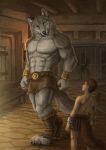  2019 abs animal_humanoid anthony_caligula anthro barracks belt bench biceps big_muscles bracelet brown_hair cage canid canid_humanoid canine canine_humanoid canis clothed clothing deyvarah digital_media_(artwork) duo eye_contact fur furniture grey_body grey_fur hair humanoid jewelry kraso_(xxsparcoxx) looking_at_another looking_down looking_up male mammal mammal_humanoid multicolored_body multicolored_fur muscular muscular_anthro muscular_male shackles silhouette slave standing stone_floor table topless torch two_tone_body two_tone_fur white_body white_fur wolf wolf_humanoid zilch1998 