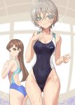  2girls anastasia_(idolmaster) ass ass_visible_through_thighs bangs bare_arms bare_back bare_legs blue_eyes blush breasts brown_eyes brown_hair ceiling cleavage collarbone competition_swimsuit eyebrows_visible_through_hair grey_hair hair_between_eyes highres idolmaster idolmaster_cinderella_girls indoors long_hair looking_at_viewer looking_back medium_breasts multiple_girls nitta_minami one-piece_swimsuit rum_raisin_(chihiromakita19) short_hair sleeveless smile swimsuit thighs wet wet_clothes wet_hair wet_swimsuit window 