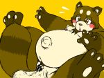  2009 anthro balls big_balls blush brown_body brown_fur canid canine censored chiro_(artist) erection flaccid foreskin fur genitals kemono male mammal navel overweight overweight_anthro overweight_male penis raccoon_dog simple_background small_penis solo tanuki uncut yellow_background 