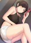  1girl ass bare_arms bare_shoulders black_hair black_shirt brown_eyes camisole cccpo covered_nipples crop_top highres holding holding_phone lying midriff no_bra on_side original phone shirt short_hair short_shorts shorts sleeveless sleeveless_shirt solo spaghetti_strap thighs tomboy white_shorts 