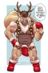  anthro antlers bell bell_harness biceps boots brown_hair candy candy_cane capreoline censored cervid christmas clothing creative_censorship english_text facial_hair food footwear gabshiba gloves hair handwear harness hi_res holidays horn jingle_bell jingle_bell_harness legwear looking_at_viewer male mammal muscular muscular_anthro muscular_male navel nipples pecs pubes reindeer sack sideburns solo speech_bubble standing stockings text 