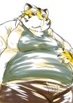  2012 anthro belly bottomwear chiro_(artist) clothing felid fur kemono male mammal overweight overweight_anthro overweight_male pantherine pants shirt simple_background solo tiger topwear white_background white_body white_fur yellow_body yellow_fur 