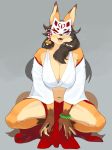  2020 absurd_res anthro asian_clothing bell big_breasts black_hair blush bracelet breasts canid canine claws cleavage clothed clothing crouching dipstick_ears east_asian_clothing female fox fur gloves_(marking) grey_background hair hi_res japanese_clothing jewelry kame_3 kemono looking_at_viewer mammal markings mask masked_fox_(kame_3) multicolored_body multicolored_ears navel open_mouth open_smile orange_body orange_fur pawpads simple_background smile solo two_tone_body white_body white_fur 