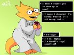  4:3 alphys anthro barefoot beverage buckteeth clothed clothing coat dialogue dialogue_box english_text eu_zeal eyewear female glasses holding_beverage holding_cup holding_object lab_coat looking_at_viewer open_mouth open_smile reptile scales scalie signature simple_background smile solo teeth text thick_tail topwear undertale video_games yellow_body yellow_scales 