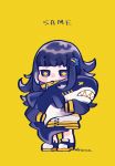  1girl blue_eyes blue_footwear blue_hair chibi holding holding_stuffed_toy original same_(tsubaki_tsubara) shark_hair_ornament signature star-shaped_pupils star_(symbol) stuffed_animal stuffed_shark stuffed_toy symbol-shaped_pupils tsubaki_tsubaru yellow_background 