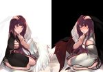  absurdres angel_wings bed black_dress black_vs_white blush breasts cleavage closed_mouth demon_wings dress eyebrows_visible_through_hair finger_to_mouth girls_frontline hand_on_head highres long_hair looking_at_viewer lying medium_breasts on_side purple_hair red_eyes stigmamyu tears wa2000_(girls_frontline) white_dress wings 