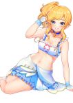  1girl alternate_costume arm_support bangs bare_arms bare_shoulders bikini bikini_skirt blonde_hair blue_eyes breasts choker cleavage collarbone commentary_request eyebrows_visible_through_hair frilled_bikini frills grin hair_ornament hand_in_hair hand_up harapeco highres idolmaster idolmaster_cinderella_girls idolmaster_cinderella_girls_starlight_stage jewelry looking_at_viewer medium_breasts navel necklace ootsuki_yui side_ponytail sidelocks simple_background sitting smile solo stomach swept_bangs swimsuit teeth white_background wrist_cuffs yokozuwari 