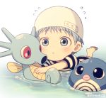  1boy :o bangs barefoot blue_eyes blue_hair blush child commentary_request crossover eyebrows_visible_through_hair flying_sweatdrops foot_up gen_1_pokemon horsea kuroko_no_basuke kuroko_tetsuya male_focus mashima_shima name_tag partially_submerged pokemon pokemon_(creature) poliwag short_hair swim_cap swimming twitter_username water younger 