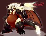  2011 anthro belly biped black_body chiro_(artist) dragon hi_res kemono multicolored_body overweight overweight_anthro solo text two_tone_body wings 