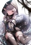  1girl ahoge arknights bangs bare_shoulders belt black_legwear blurry braid breasts crocodilian_tail depth_of_field dress feet_out_of_frame flower gloves goggles goggles_around_neck grey_eyes grey_gloves grey_hair hair_flowing_over hair_over_one_eye head_tilt highres hood hood_up konome_noi large_tail long_hair looking_away medium_breasts microdress pointy_ears shallow_water shoes side_braid silver_hair solo tail tail_ornament thighhighs tomimi_(arknights) torn_clothes torn_dress torn_legwear very_long_hair water wet white_background white_flower 