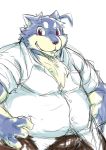  2012 anthro belly blue_body blue_fur bottomwear canid canine canis chiro_(artist) clothing domestic_dog fur kemono male mammal overweight overweight_anthro overweight_male pants shirt simple_background solo topwear white_background 