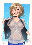  1girl blush breasts brown_hair closed_eyes covered_nipples cowboy_shot gojarun grin hair_ornament hairclip highres idolmaster idolmaster_cinderella_girls open_clothes open_mouth open_vest see-through short_hair smile solo tada_riina vest water_drop wet wet_clothes 
