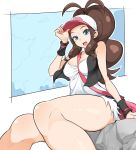  1girl bag bare_legs baseball_cap black_vest blue_eyes breasts brown_hair curly_hair cutoffs denim denim_shorts exposed_pocket from_below hat high_ponytail hilda_(pokemon) large_breasts long_hair nac000 open_mouth pokemon pokemon_(game) pokemon_bw ponytail shirt short_shorts shorts shoulder_bag sidelocks sitting sleeveless sleeveless_shirt smile solo thighs vest white_shirt wristband 