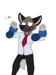  &lt;3 aggressive_retsuko anthro black_bottomwear black_clothing blush bodily_fluids bottomwear brown_body brown_fur clothed clothing digital_media_(artwork) disembodied_hand dress_shirt eyebrows fully_clothed fur grey_tail haida hi_res hyaenid male mammal necktie pants pinned pinned_arms rotten_robbie sanrio shirt solo standing sweat sweatdrop tail_between_legs topwear white_clothing white_topwear 