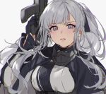  1girl ak-12_(girls_frontline) aogisa arm_up artificial_eye assault_rifle bangs black_gloves braid breasts french_braid girls_frontline gloves gun half_gloves high_ponytail highres holding holding_gun holding_weapon large_breasts long_hair looking_at_viewer mask mechanical_eye open_mouth rifle sidelocks silver_hair solo tactical_clothes weapon white_background 