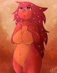  2015 anthro autumn better_version_at_source breasts charlshamps chest_tuft curvy_figure female flaky_(htf) hair happy_tree_friends hi_res leaf mammal navel open_mouth porcupine red_background red_body red_eyes red_hair rodent simple_background solo spikes teeth tuft voluptuous 