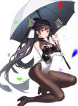  1girl absurdres azur_lane bare_shoulders black_footwear bodystocking bow brown_hair brown_legwear cleavage_cutout elbow_gloves fingerless_gloves full_body gloves hair_flaps high_heels highres holding holding_umbrella impossible_clothes leotard long_hair multicolored_leotard ninsaki_(9saki) race_queen red_eyes sleeveless solo takao_(azur_lane) takao_(full_throttle_charmer)_(azur_lane) two-tone_leotard umbrella unitard very_long_hair white_bow 