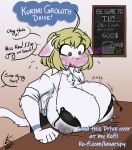  ahoge anthro big_breasts blonde_hair blush bodily_fluids breast_expansion breasts chalkboard clothing cute_fangs dialogue domestic_cat english_text expansion felid feline felis female fur hair hi_res huge_breasts kurimi_(lunarspy) lactating lactating_through_clothing long_tail lunarspy mammal money paws short_hair smile solo speech_bubble text tip_jar torn_clothing transformation url wardrobe_malfunction wet wet_clothing white_body white_fur 