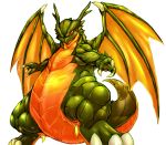  2012 anthro belly_scales biped chiro_(artist) claws digitigrade dragon full-length_portrait green_body green_scales kemono multicolored_body portrait red_eyes scales scalie simple_background solo two_tone_body white_background wings 