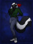  &lt;3 3:4 anthro blowing_kiss blue_background clothed clothing dark_skin female fluffy fluffy_tail footwear fully_clothed green_clothing green_shirt green_topwear hair hand_on_hip heterochromia hi_res jakkalwolf looking_at_viewer mammal mephitid pose shirt simple_background skunk solo topwear white_hair 
