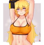  1girl armpits bangs blonde_hair bluefield blush breasts covered_nipples english_commentary grin highres large_breasts long_hair looking_at_viewer midriff navel purple_eyes rwby smile solo sports_bra sweat yang_xiao_long 