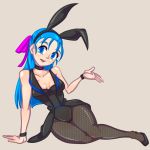  1girl animal_ears arm_support bare_shoulders blue_eyes blue_hair blush bow bowtie bracelet breasts bunny_ears bunny_girl bunnysuit choker cleavage dragon_quest dragon_quest_v fake_animal_ears flora_(dq5) hair_bow jewelry leotard long_hair mimizunooka open_mouth pantyhose smile solo 