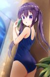  1girl ass blue_swimsuit blurry breasts commentary_request cowboy_shot depth_of_field from_behind gochuumon_wa_usagi_desu_ka? highres inakami long_hair looking_at_viewer medium_breasts plant purple_eyes purple_hair school_swimsuit solo standing swimsuit tedeza_rize water_gun 