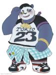  2020 absurd_res alp_(tas) anthro black_nose blush bottomwear clothing fur giant_panda hat headgear headwear hi_res kemono male mammal moujya overweight overweight_anthro overweight_male purple_body purple_fur shirt shorts simple_background solo tokyo_afterschool_summoners topwear ursid video_games white_background white_body white_fur 