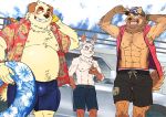  2020 anthro barazoku belly blush brown_body brown_fur canid canine canis clothed clothing domestic_dog fur group hat headgear headwear kemono lagomorph leporid male mammal moobs muscular muscular_male nipples one_eye_closed open_clothing open_shirt open_topwear outside overweight overweight_male rabbit ryuta-h shirt swimwear topwear wink 