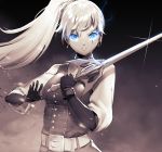  1girl bangs belt black_gloves blouse blue_eyes earrings english_commentary gloves glowing glowing_eyes high_collar high_ponytail highres holding holding_sword holding_weapon jewelry long_hair long_sleeves lulu-chan92 myrtenaster parted_lips ponytail rapier rwby scar scar_across_eye sword weapon weiss_schnee white_belt white_blouse white_hair 