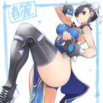  1girl blue_panties bracelet breasts brown_eyes bun_cover china_dress chinese_clothes chun-li double_bun dress earrings fingerless_gloves gloves jewelry looking_at_viewer nac000 panties short_hair solo spiked_bracelet spikes street_fighter street_fighter_ii_(series) thighhighs thighs underwear 