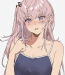  1girl aogisa blue_swimsuit blush breasts cleavage collarbone eyebrows_visible_through_hair girls_frontline hair_ornament hand_on_shoulder long_hair looking_at_viewer open_mouth pink_hair purple_eyes small_breasts solo st_ar-15_(girls_frontline) swimsuit swimsuit_costume white_background 