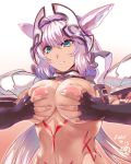  1girl animal_ears black_gloves blue_eyes body_markings breast_squeeze breasts caenis_(fate) commentary_request dark_skin dated fate/grand_order fate_(series) fingerless_gloves gloves hair_between_eyes headpiece highres hisahiko large_breasts medium_hair nipples nude shoulder_plates signature solo white_hair white_nails 