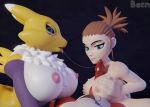  3d_(artwork) anthro areola bacn big_breasts bodily_fluids breast_size_difference breasts digimon digimon_(species) digital_media_(artwork) duo erection female fur genitals group group_sex guilmon hair huge_breasts human knot looking_at_viewer male male/female mammal markings nipples nude open_mouth penis renamon rika_nonaka saliva saliva_on_penis saliva_string scalie sex simple_background smile threesome titfuck tongue 
