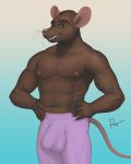  4:5 anthro bottomwear bulge clothed clothing hands_on_hips hi_res male mammal murid murine nipples pants rat rodent rov solo topless 