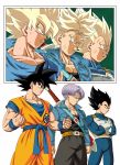  3boys absurdres armor belt black_eyes black_hair black_shirt blonde_hair blue_eyes bruise_on_face clenched_teeth closed_mouth crossed_arms dbkenkyuusei dragon_ball dragon_ball_z father_and_son gloves green_eyes grin highres huge_filesize jacket male_focus multiple_boys multiple_views muscle purple_hair serious shirt smile son_gokuu spiked_hair standing super_saiyan super_saiyan_1 sword sword_behind_back teeth torn_clothes trunks_(future)_(dragon_ball) vegeta weapon white_background white_gloves 