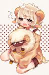  1boy animal_ears blonde_hair brown_eyes collared_shirt horns jacket off_shoulder open_mouth original patterned_background sheep sheep_boy sheep_boy_(tsubaki_tsubara) sheep_ears sheep_horns sheep_tail shirt shorts signature sitting sleeves_past_fingers sleeves_past_wrists stuffed_animal stuffed_sheep stuffed_toy suspenders sweater_jacket tail teardrop tsubaki_tsubaru wariza white_shirt 