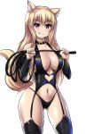  1girl animal_ear_fluff animal_ears arm_warmers ass_visible_through_thighs belt_collar black_legwear black_panties blonde_hair breasts cat_ears cat_girl cat_tail choker cleavage collar collarbone cowboy_shot eyebrows_visible_through_hair garter_straps highres holding holding_whip large_breasts leather leather_choker leonart licking_lips long_hair looking_at_viewer navel original panties red_eyes simple_background slit_pupils smile solo tail thighhighs tiffy_(nottytiffy) tongue tongue_out underwear whip white_background 