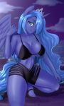  anthro anthrofied beach big_breasts blue_body blue_eyes blue_hair breasts clothed clothing crouching crown equid female friendship_is_magic hair hair_over_eye hasbro hi_res horn looking_at_viewer mammal my_little_pony night one_eye_obstructed princess_luna_(mlp) royalty seaside smile solo thebrokencog winged_unicorn wings 