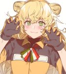  1girl animal_ears aogisa black_gloves blonde_hair blush closed_mouth dog_ears eyebrows_visible_through_hair girls_frontline gloves hair_ornament highres italian_flag_neckwear jacket long_hair looking_at_viewer multicolored multicolored_clothes multicolored_jacket neck_ribbon paw_pose ribbon s.a.t.8_(girls_frontline) smile solo white_background 