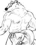  2020 5_fingers anthro anus asian_clothing badger black_and_white butt clothing duo east_asian_clothing fingers fundoshi gabshiba japanese_clothing looking_back male mammal monochrome muscular muscular_male mustelid musteline perineum rear_view simple_background solo_focus spread_butt spreading underwear whiskers white_background 