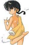  1980s_(style) 1girl barefoot blue_eyes braid carrying_over_shoulder genderswap genderswap_(mtf) holding holding_clothes holding_shirt leg_up long_hair nude official_art oldschool ranma-chan ranma_1/2 saotome_ranma shirt simple_background single_braid solo takahashi_rumiko water white_background 