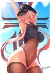  1girl absurdres armpits azur_lane blue_eyes breasts collar hair_in_mouth hat highres iron_blood_(emblem) iron_cross large_breasts long_hair looking_at_viewer nar_ntk navel odin_(azur_lane) solo swimsuit thighs white_hair 