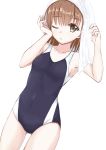  1girl 3535mb black_swimsuit breasts brown_eyes brown_hair collarbone commentary_request competition_swimsuit dutch_angle looking_at_viewer misaka_mikoto one-piece_swimsuit one_eye_closed short_hair simple_backgrounds small_breasts solo swimsuit to_aru_kagaku_no_railgun to_aru_majutsu_no_index towel towel_on_head white_background white_towel 