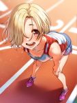  1girl blonde_hair blush breasts cleavage collarbone commentary_request ear_piercing full_body hair_over_one_eye hands_on_own_knees highres idolmaster idolmaster_cinderella_girls kakaobataa looking_at_viewer open_mouth piercing red_eyes shirasaka_koume shoes short_hair shorts small_breasts smile sneakers solo sportswear sweat tank_top teeth track 