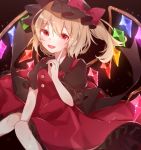  +_+ 1girl adapted_costume alternate_color between_legs black_background black_headwear black_shirt blonde_hair blush dress english_commentary eyebrows_visible_through_hair eyes_visible_through_hair fang feet_out_of_frame finger_to_cheek flandre_scarlet hair_between_eyes hand_between_legs hat hat_ribbon highres knees_together looking_at_viewer mob_cap one_side_up open_mouth petticoat pinafore_dress puffy_short_sleeves puffy_sleeves red_dress red_eyes ribbon shirt short_hair short_sleeves sitting solo symbol_commentary touhou wings yurui_tuhu 