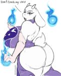  angry anthro big_breasts big_butt boss_monster bovid breasts butt caprine clothing dialogue dress english_text female fur gloves glowing goat handwear hi_res huge_breasts looking_at_viewer looking_back looking_back_at_viewer magic mammal purple_eyes side_boob simple_background snackcracker solo text toriel torn_clothing undertale video_games wardrobe_malfunction white_background white_body white_fur 