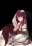  1girl absurdres bed black_background blush breasts cleavage closed_mouth demon_tail demon_wings dress eyebrows_visible_through_hair finger_to_mouth girls_frontline hand_on_head highres long_hair looking_at_viewer lying medium_breasts on_side purple_hair red_eyes solo stigmamyu tail tears wa2000_(girls_frontline) white_dress wings 