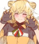  1girl animal_ears aogisa black_gloves blonde_hair blush closed_eyes closed_mouth dog_ears eyebrows_visible_through_hair girls_frontline gloves hair_ornament highres italian_flag_neckwear jacket long_hair multicolored multicolored_clothes multicolored_jacket neck_ribbon paw_pose ribbon s.a.t.8_(girls_frontline) smile solo white_background 